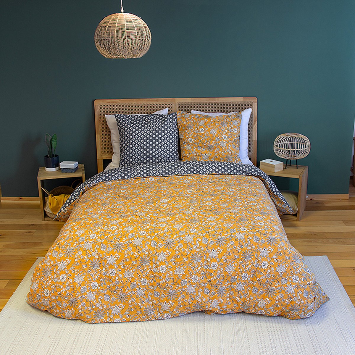 Parure de lit - housse de couette avec taies en coton jaune, EDEN