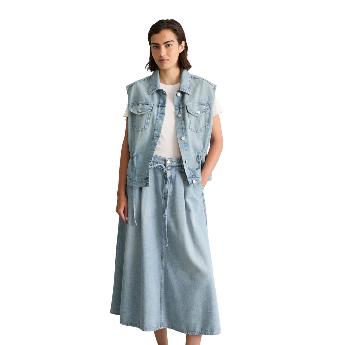 Gilet en jean loose avec cordon de serrage à la taille bleu  clair, MARC O’POLO DENIM