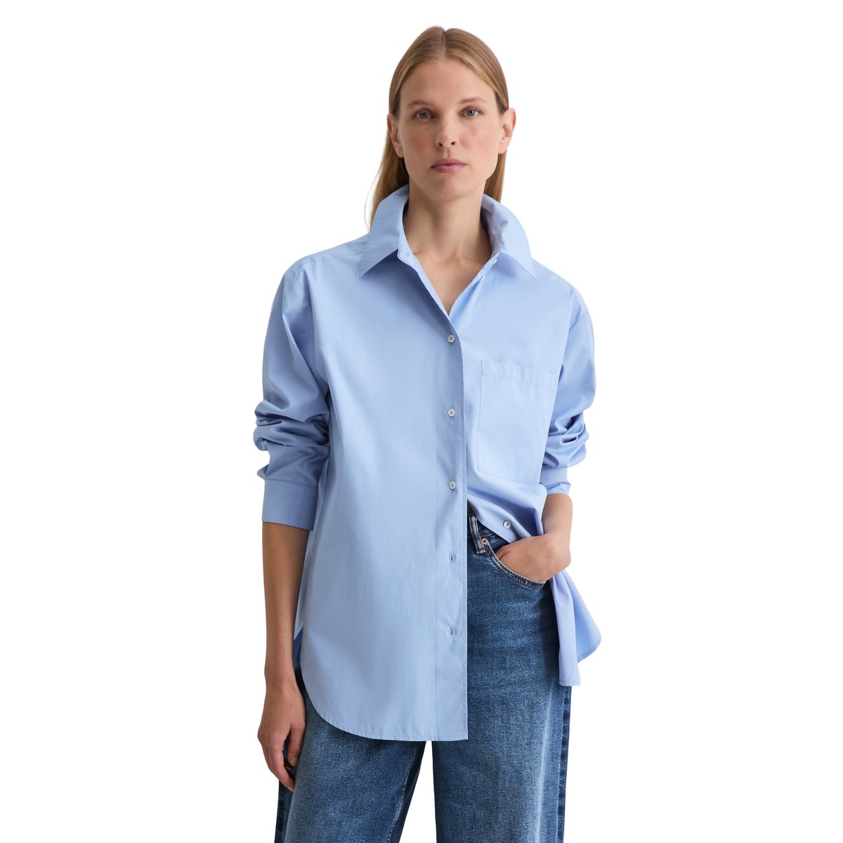 Blouse boyfriend en popeline de coton premium bleu clair, MARC O'POLO