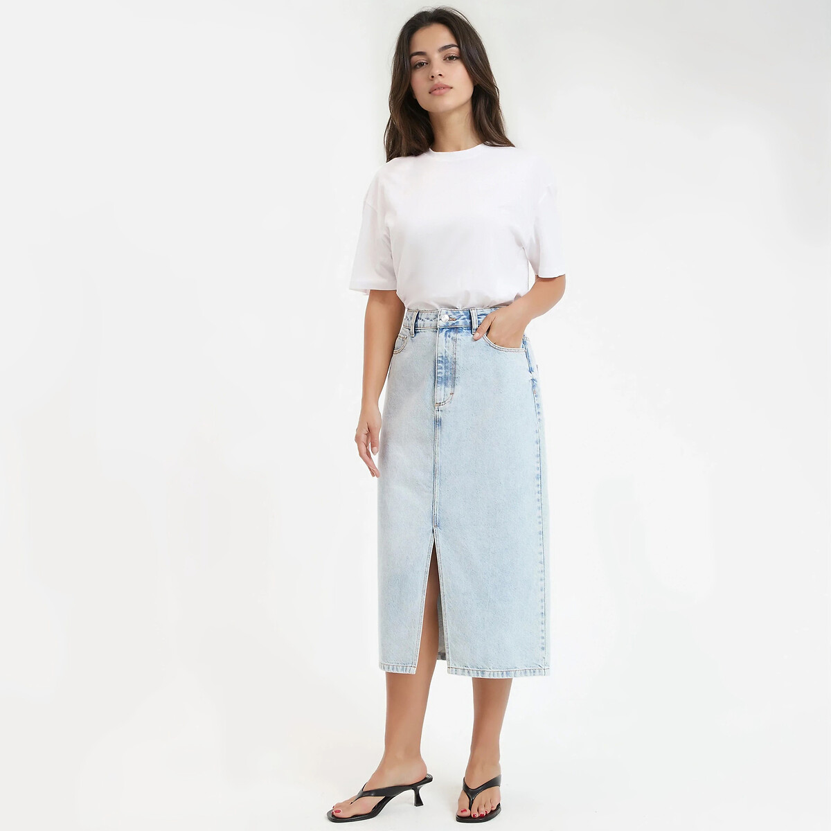 Gonna midi dritta in denim blu bleached, LA REDOUTE COLLECTIONS