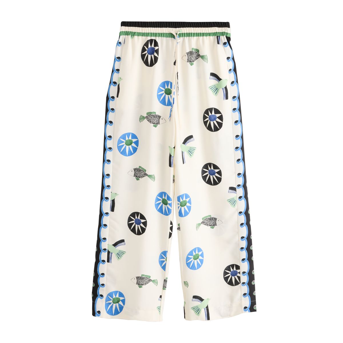 Pantalon en sergé de satin bordure abstraite imprimée blanche/bleue/verte, NEXT