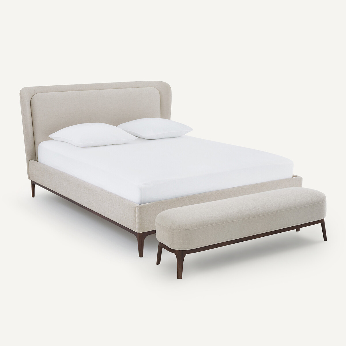Banc, bout de lit pied, en noyer massif et tissu texturé, JABOTE ficelle, AM.PM