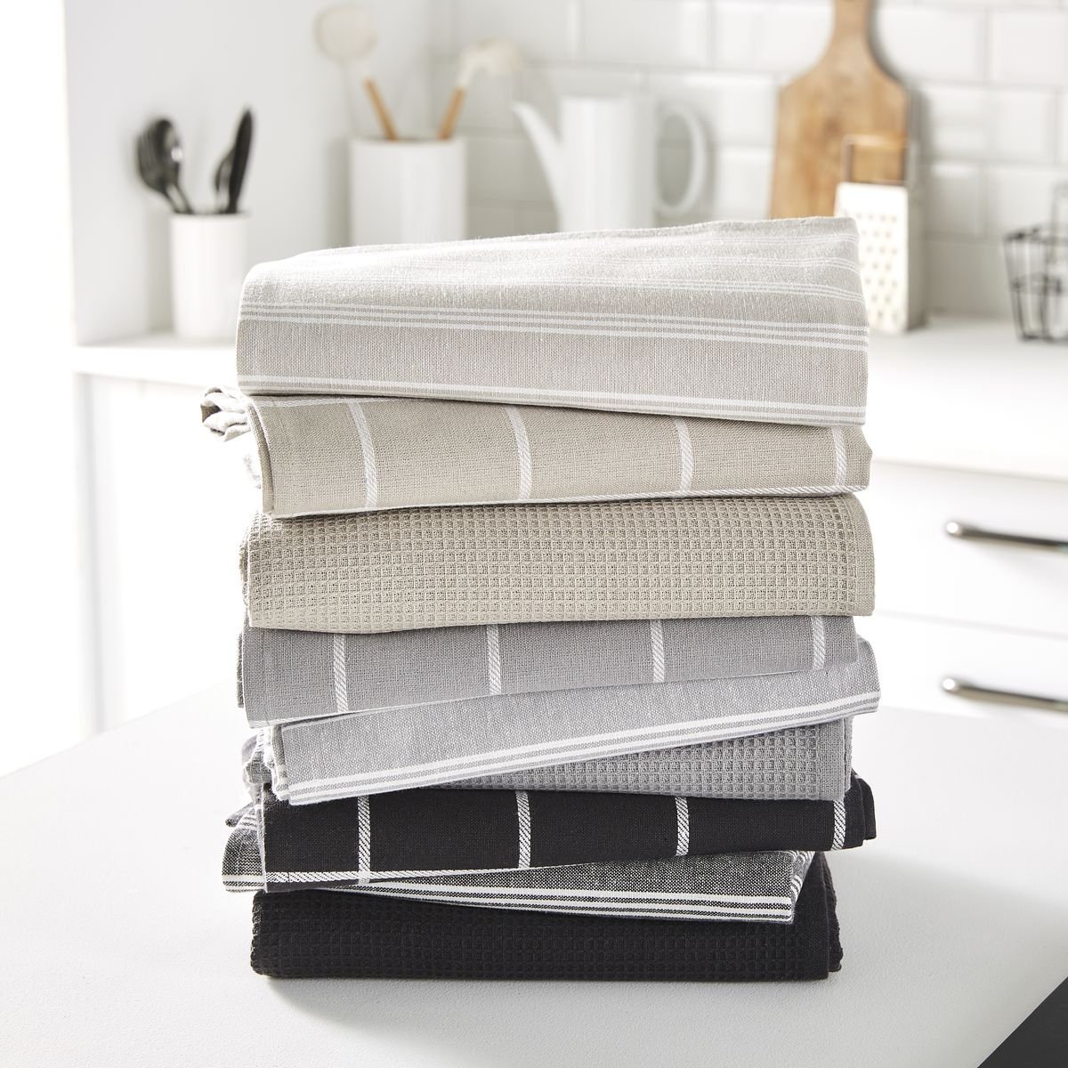 Lot de 3 torchons imprimé A carreaux ESSENTIAL NID D'ABEILLE gris, TODAY