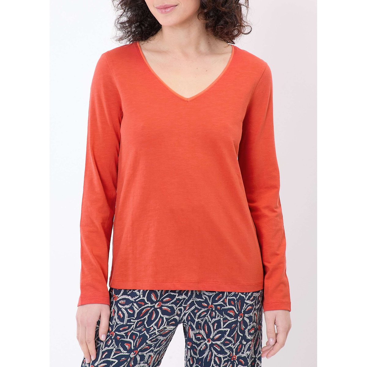 T-shirt uni coton bio col v JAIPURA orange, LA FIANCÉE