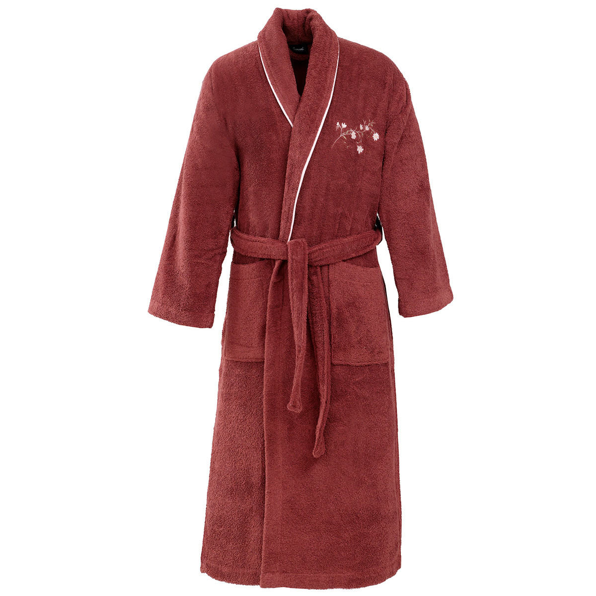 Peignoir brodé col châle 420 g/m² ELISE terre brulée, SENSEI MAISON