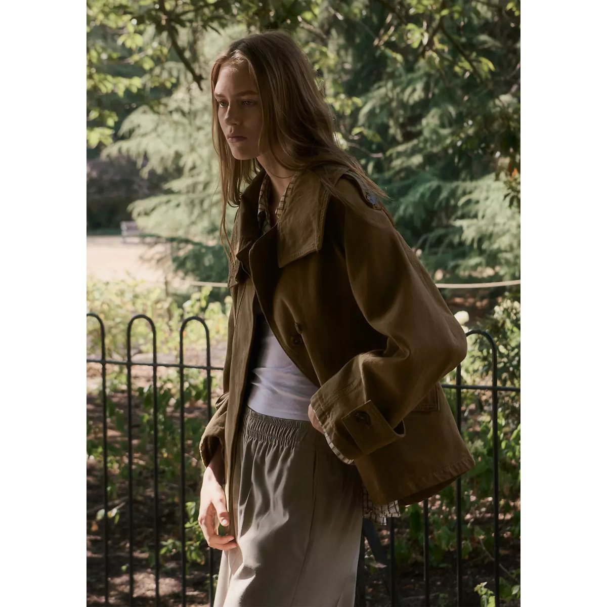 Parka denim à col cheminée kaki, MANGO