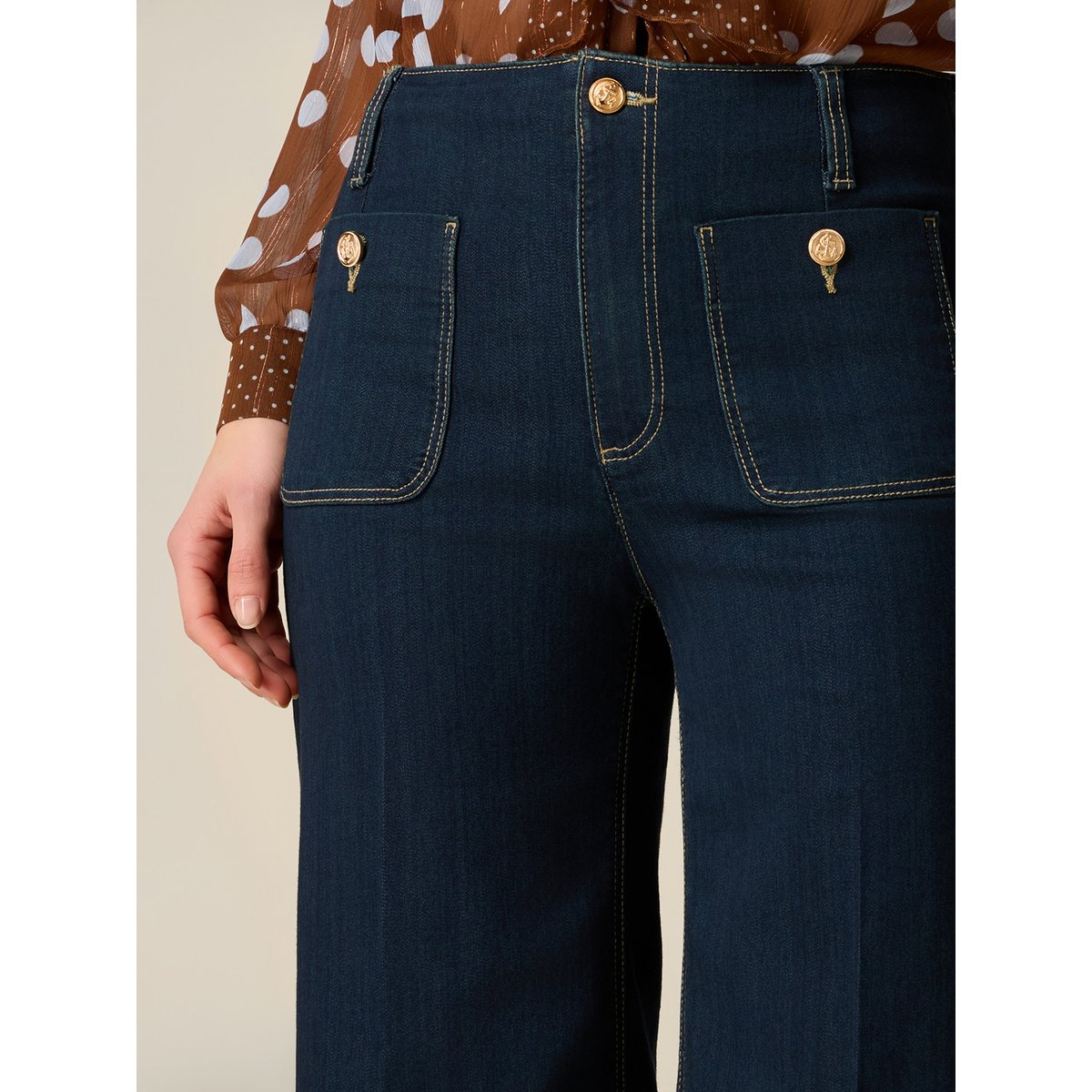 Jean court taille haute avec applications bleu, OLTRE