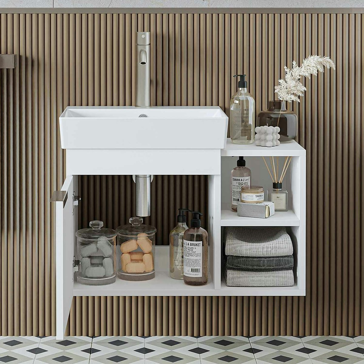 Meuble vasque suspendu 72 cm, 1 porte 2 niches NORIA blanc, PIER IMPORT