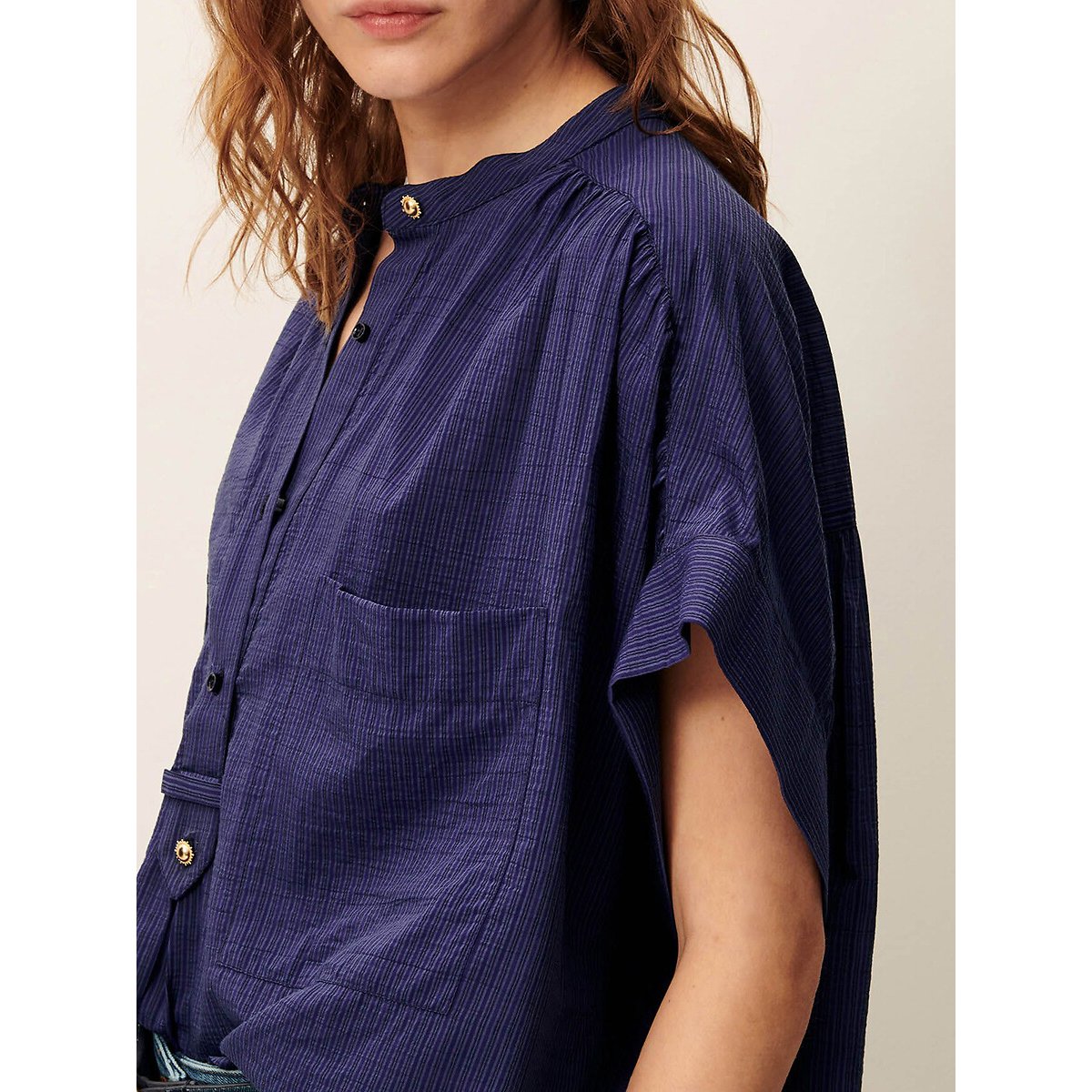 Chemise à manches courtes et col rond, à fines rayures, CAMILLE bleu, SESSUN