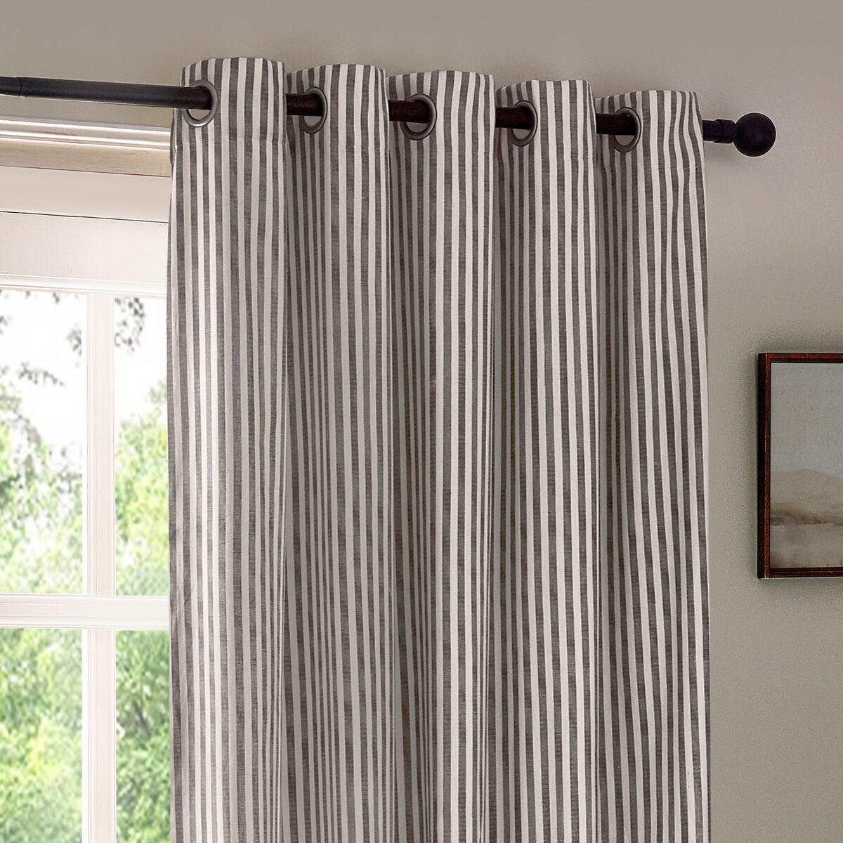 Hebden Striped Cotton Eyelet Curtains grey, YARD