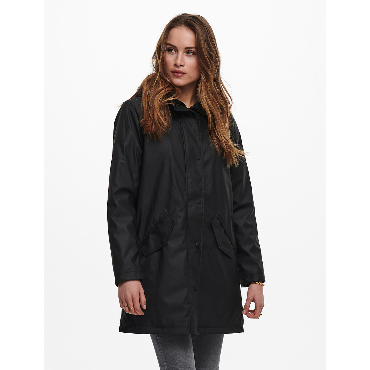 Manteau de pluie, mi-long à capuche noir uni, ONLY