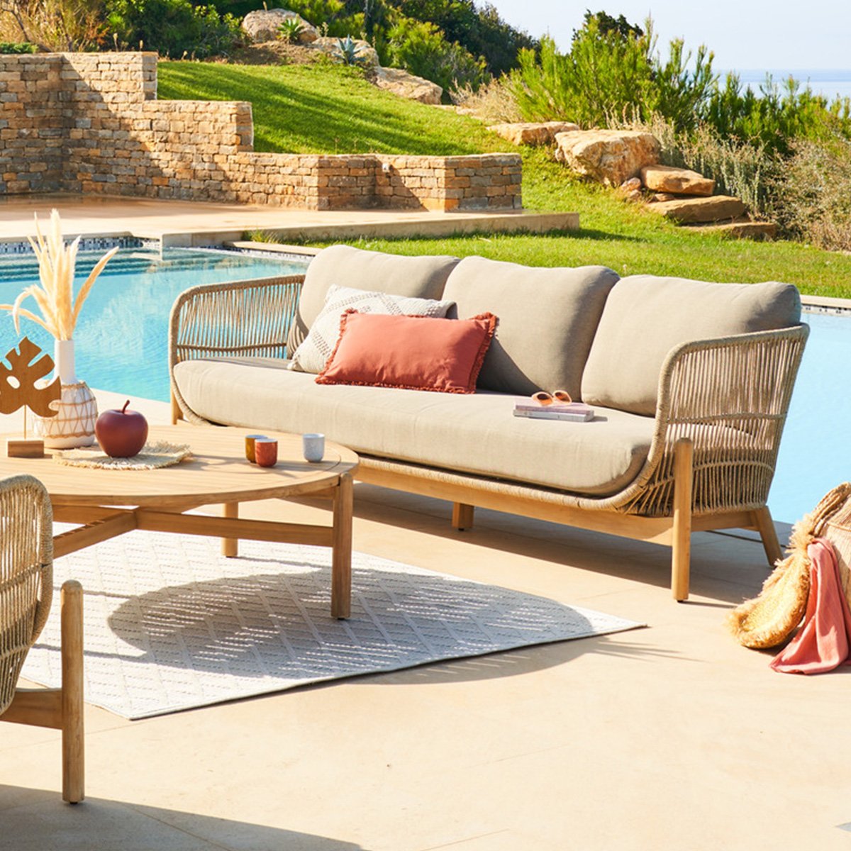 Canapé de jardin 3 places en acacia et corde tressée DEONA beige, HESPERIDE