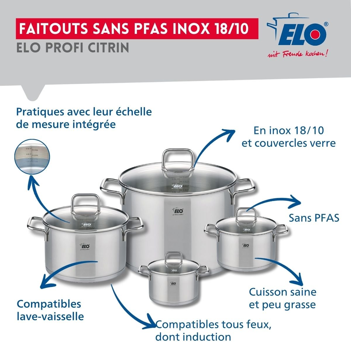 2 poêles 24/28cm + 4 faitouts 12/14/20/26cm PROFI CITRIN gris, ELO