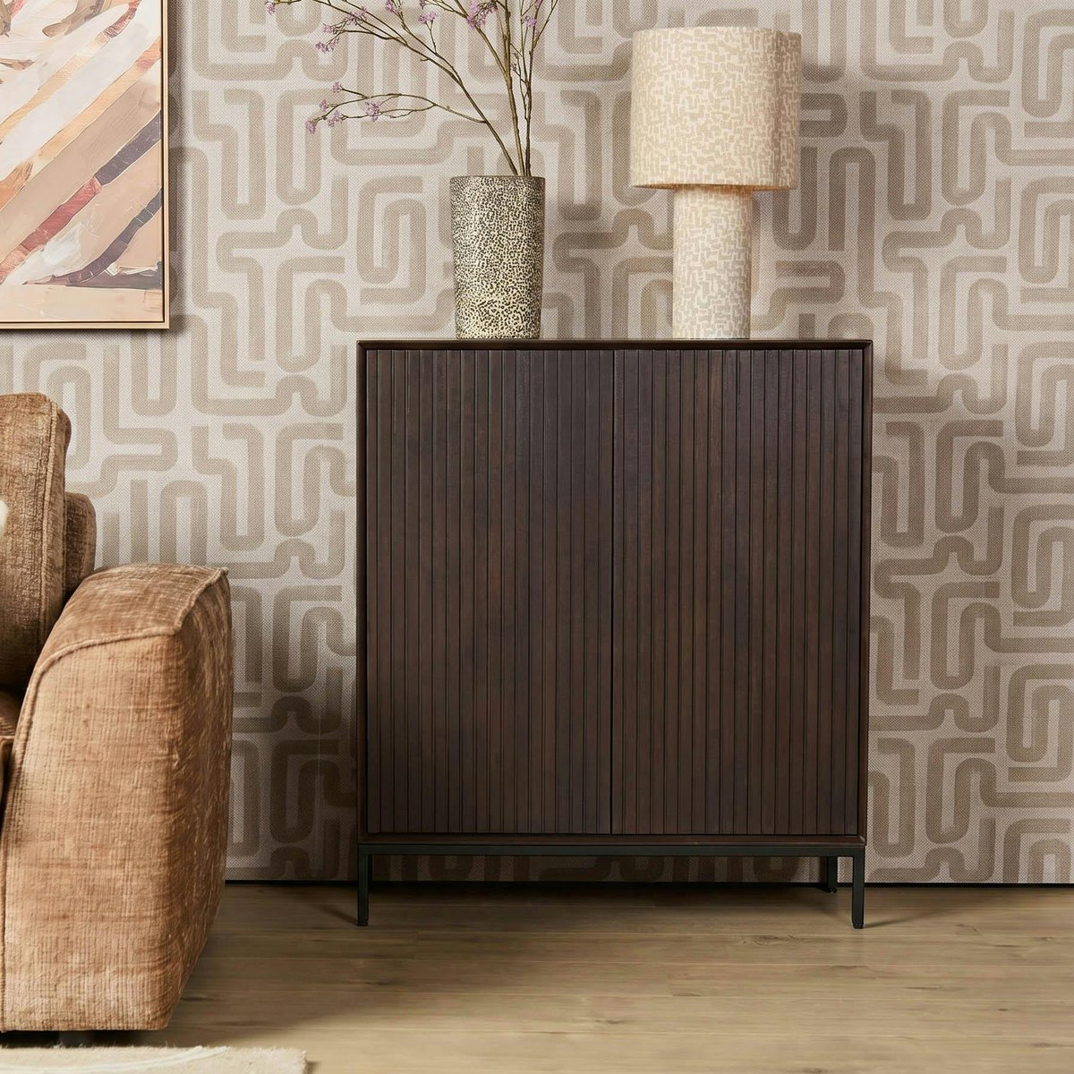 Petit buffet 2 portes en bois rainuré CORTINA marron, PIER IMPORT