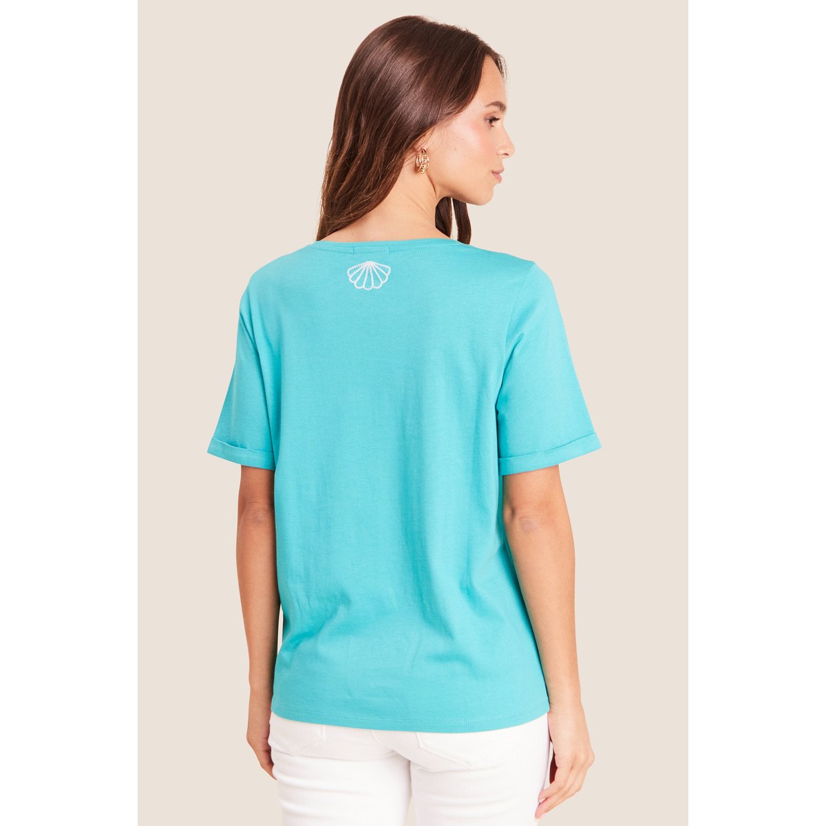 T-shirt col rond manches courtes brodé vert turquoise, BREAL