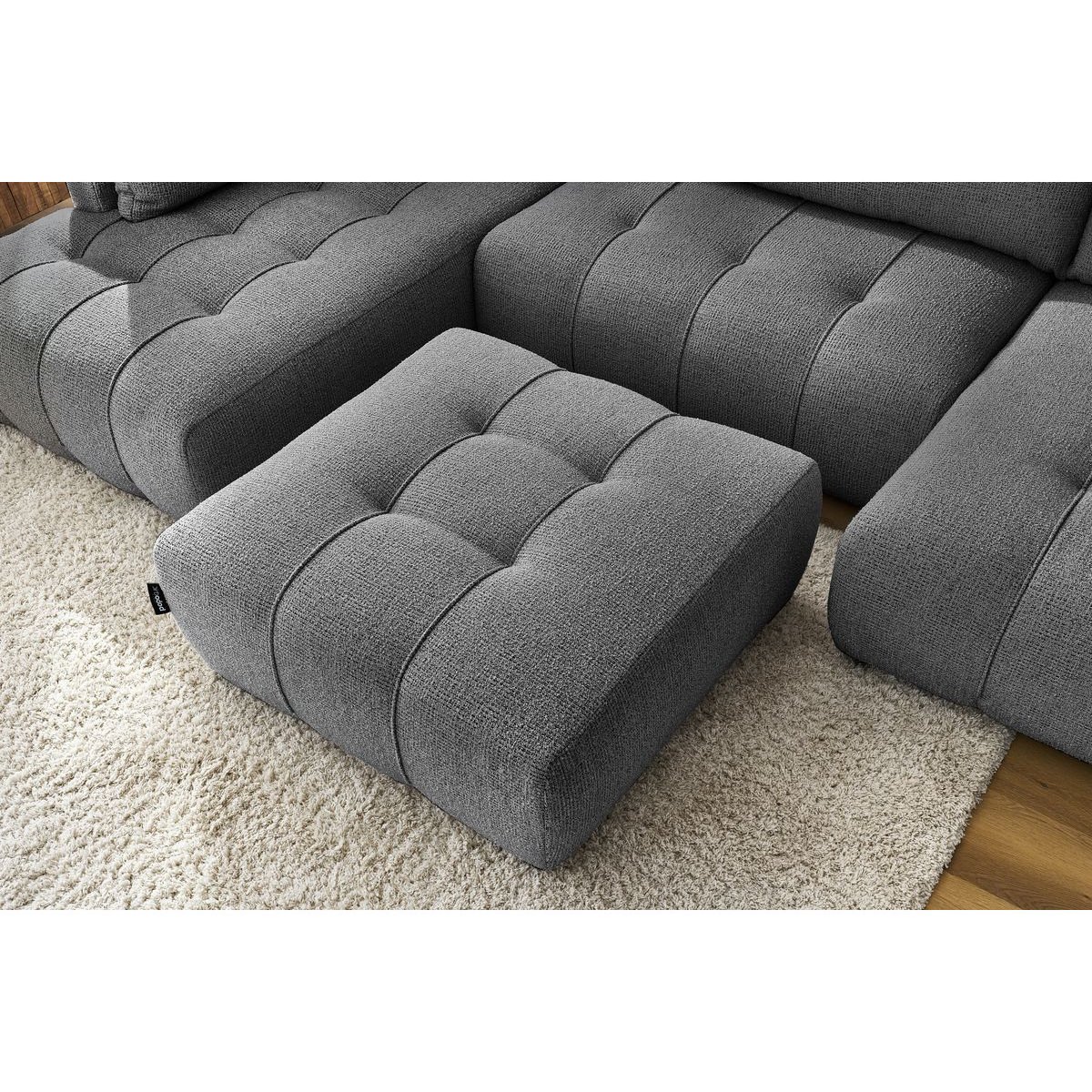 Canapé panoramique convertible 6 places en tissu chiné avec pouf, ARSENE gris foncé, BOBOCHIC