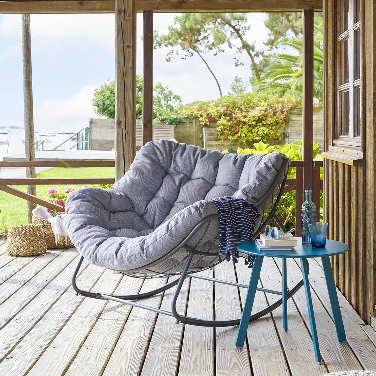 Fauteuil oeuf à bascule en acier coussin capitonné PAOPAO gris graphite, HESPERIDE