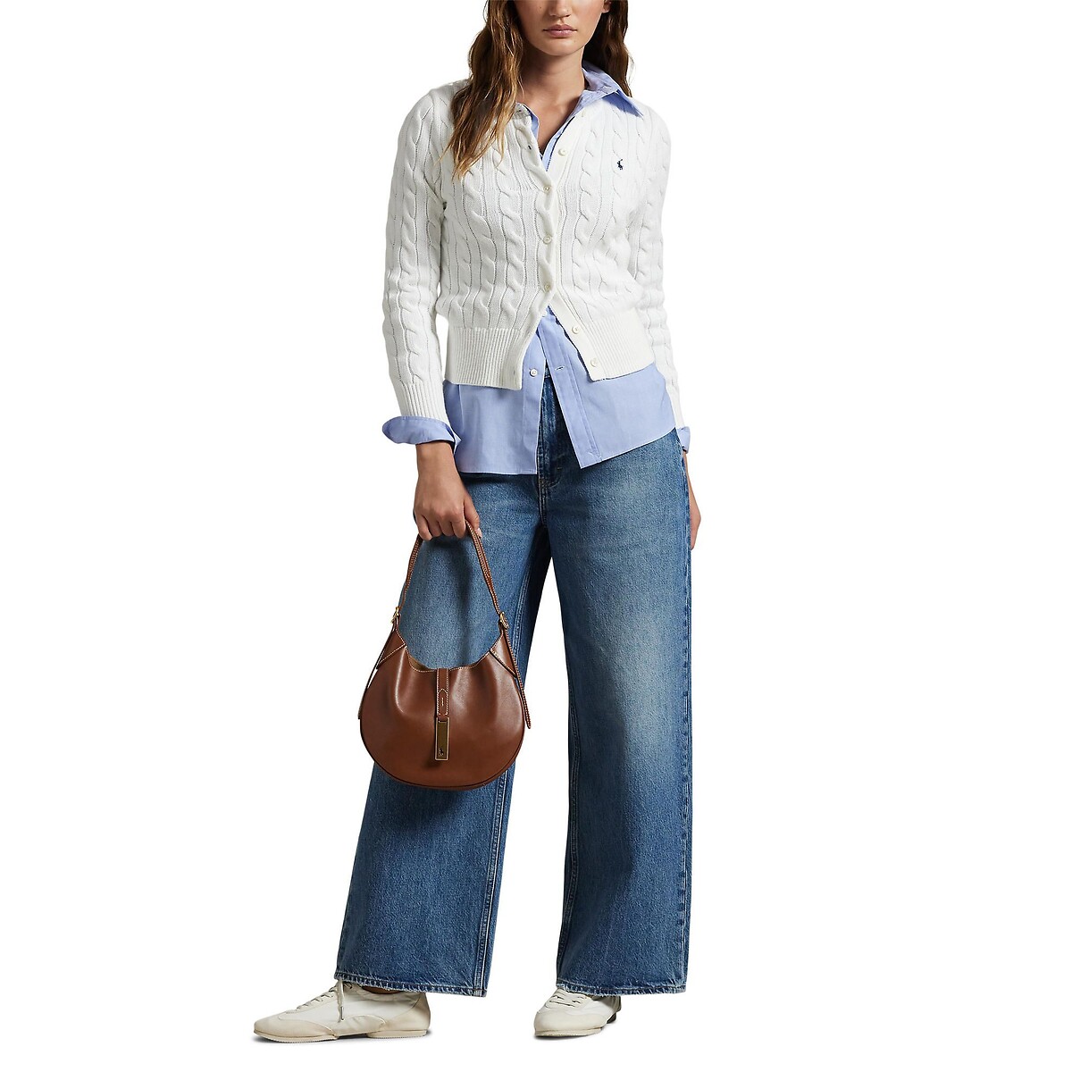 Cardigan à col rond et à manches longues, en maille torsadée blanc, POLO RALPH LAUREN