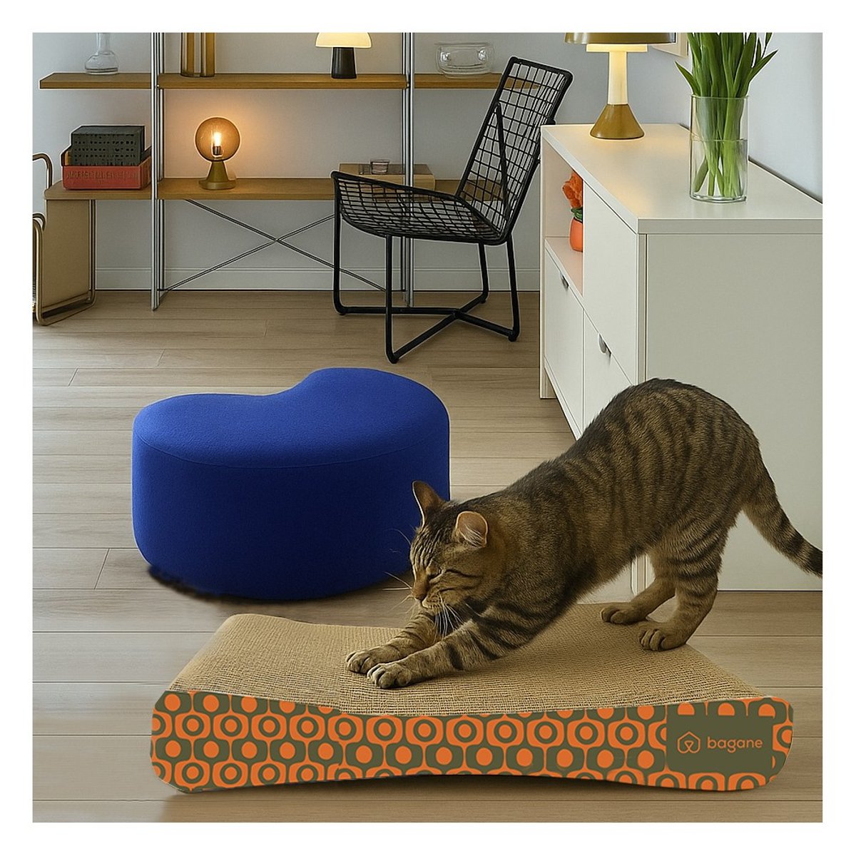 Griffoir chat rétro kaki et orange, LOUXOR orange vert, BAGANE
