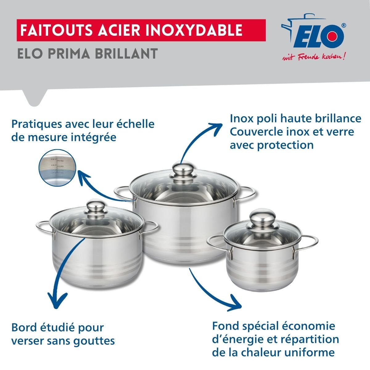 Batterie 1 poêle 24cm + 3 faitouts 16/20/24cm PROFI BRILLANT gris, ELO