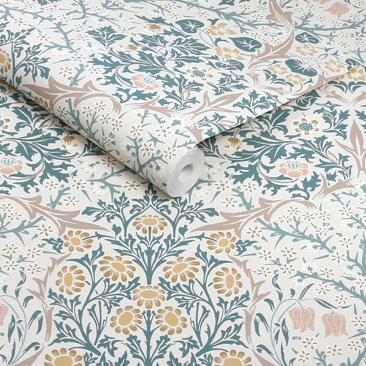 Papier peint Fleurs de prunellier à l'aube gris bleuté, ocre, beige, WILLIAM MORRIS AT HOME
