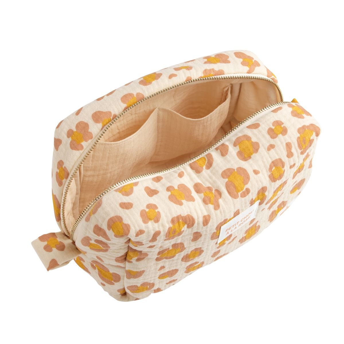 Trousse de toilette en gaze de coton imprimé léopard ecru/rose, SAUTHON
