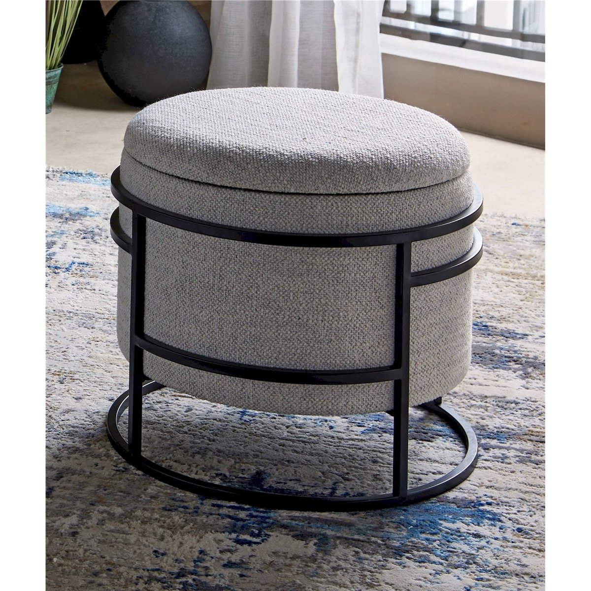 Pouf rond avec structure en métal et rangement blanc naturel et structure métal noir, RECOLLECTION