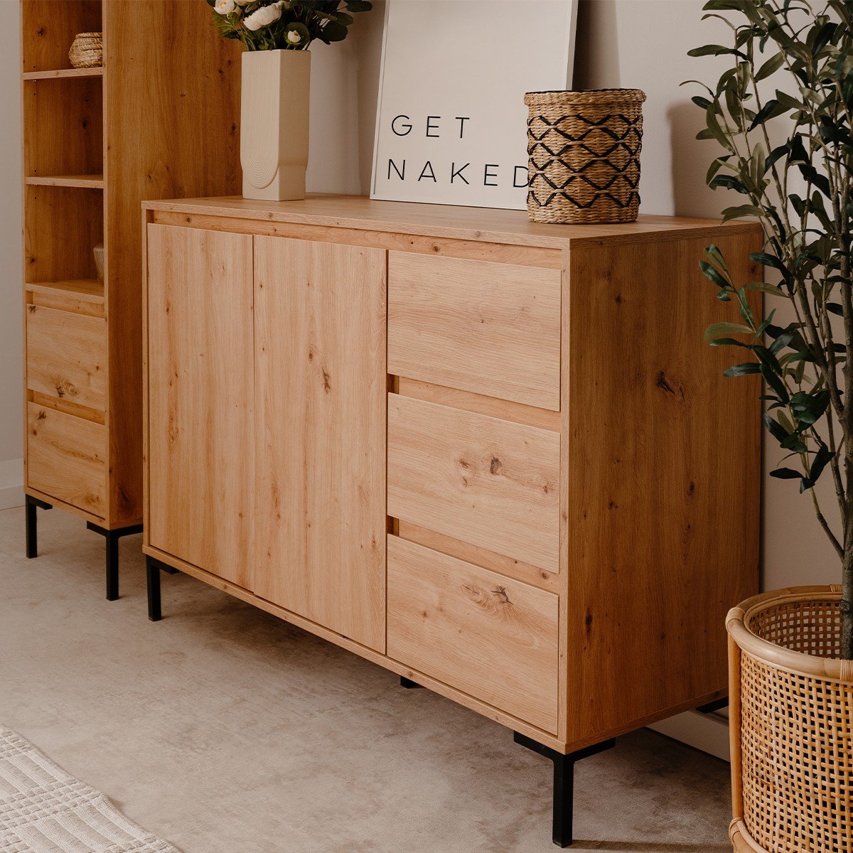 Buffet 2 portes 3 tiroirs L120 cm PLOCK bois clair, CALICOSY