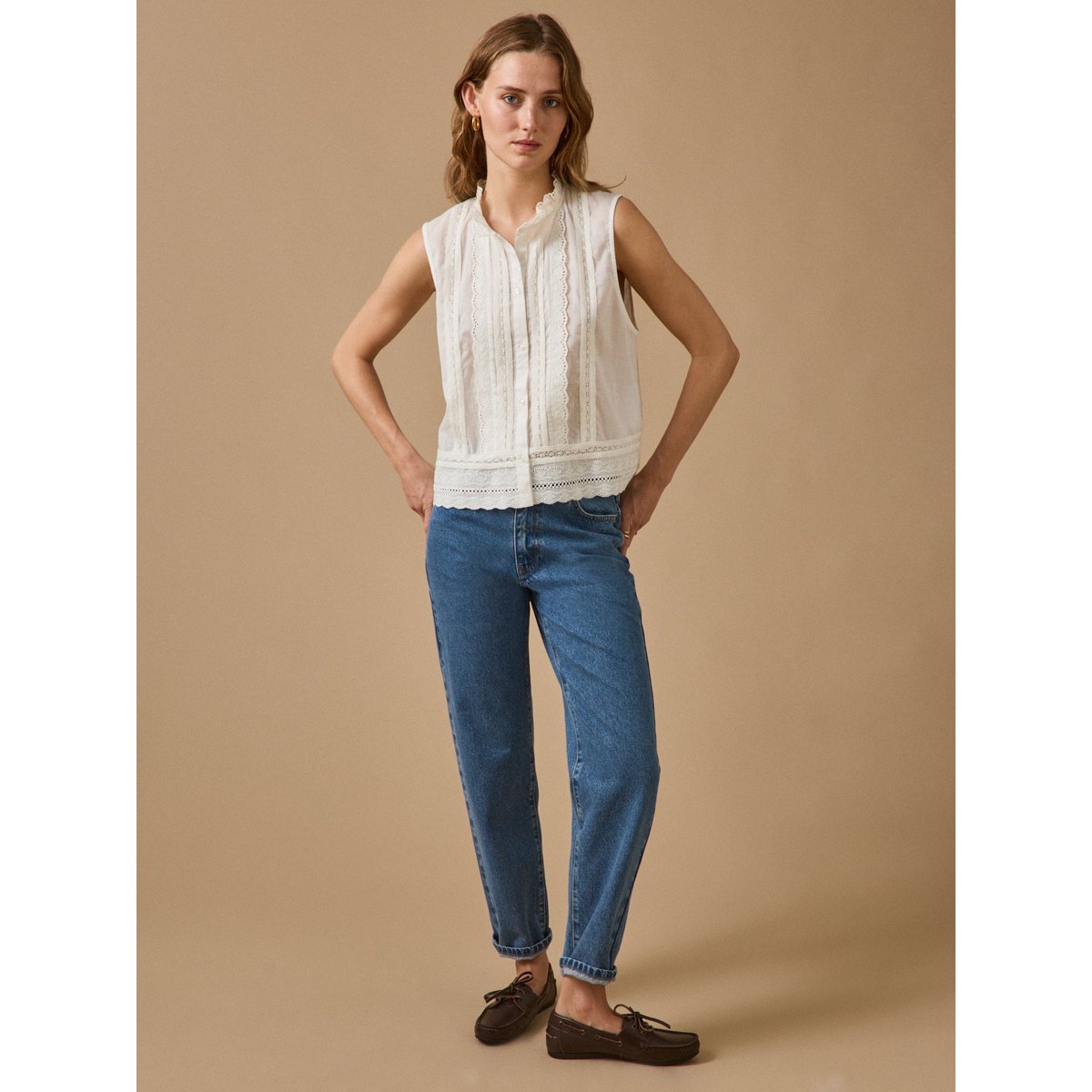 Top sans manches boutonné brodé ecru, CYRILLUS