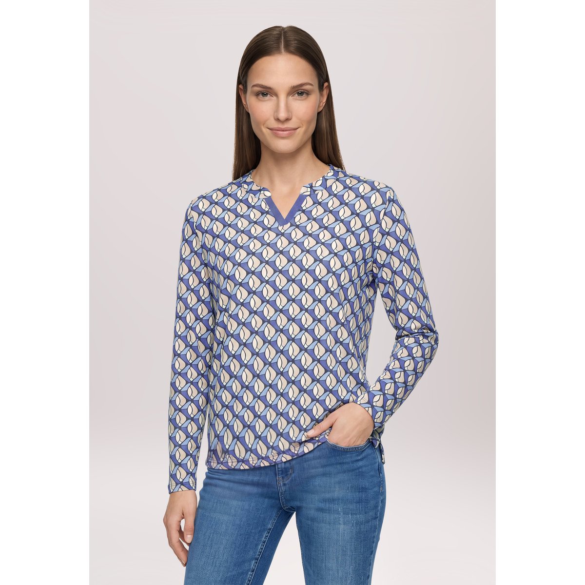 T-shirt façon blouse à imprimé bleu/beige, BETTY BARCLAY