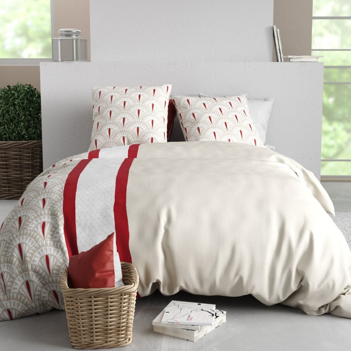 Housse de couette 100% coton 57 fils + 2 taies d’oreiller beige, DECORATIE