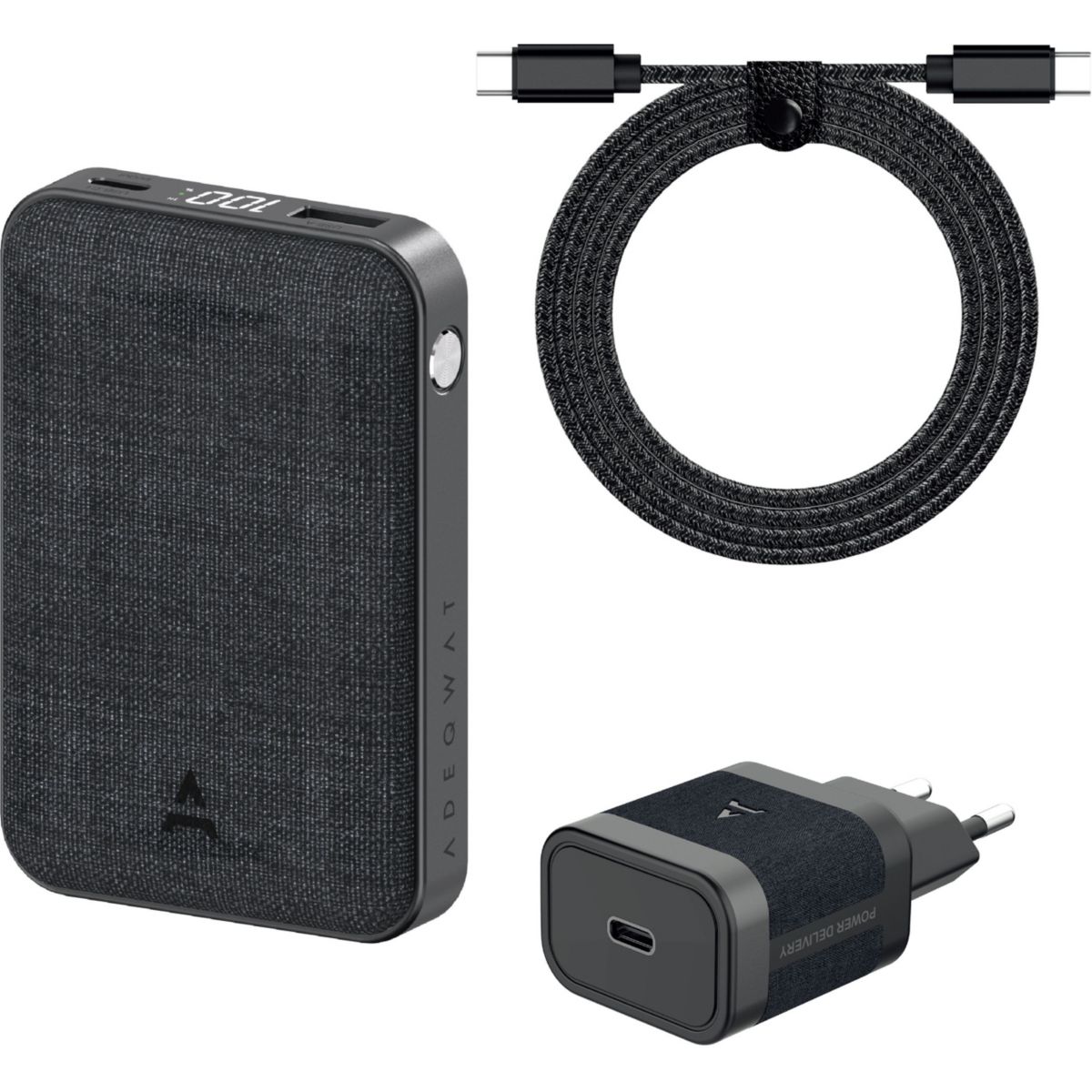 Pack PowerBank+Chargeur 30W+Cable USB-C-USB-C couleur unique, ADEQWAT