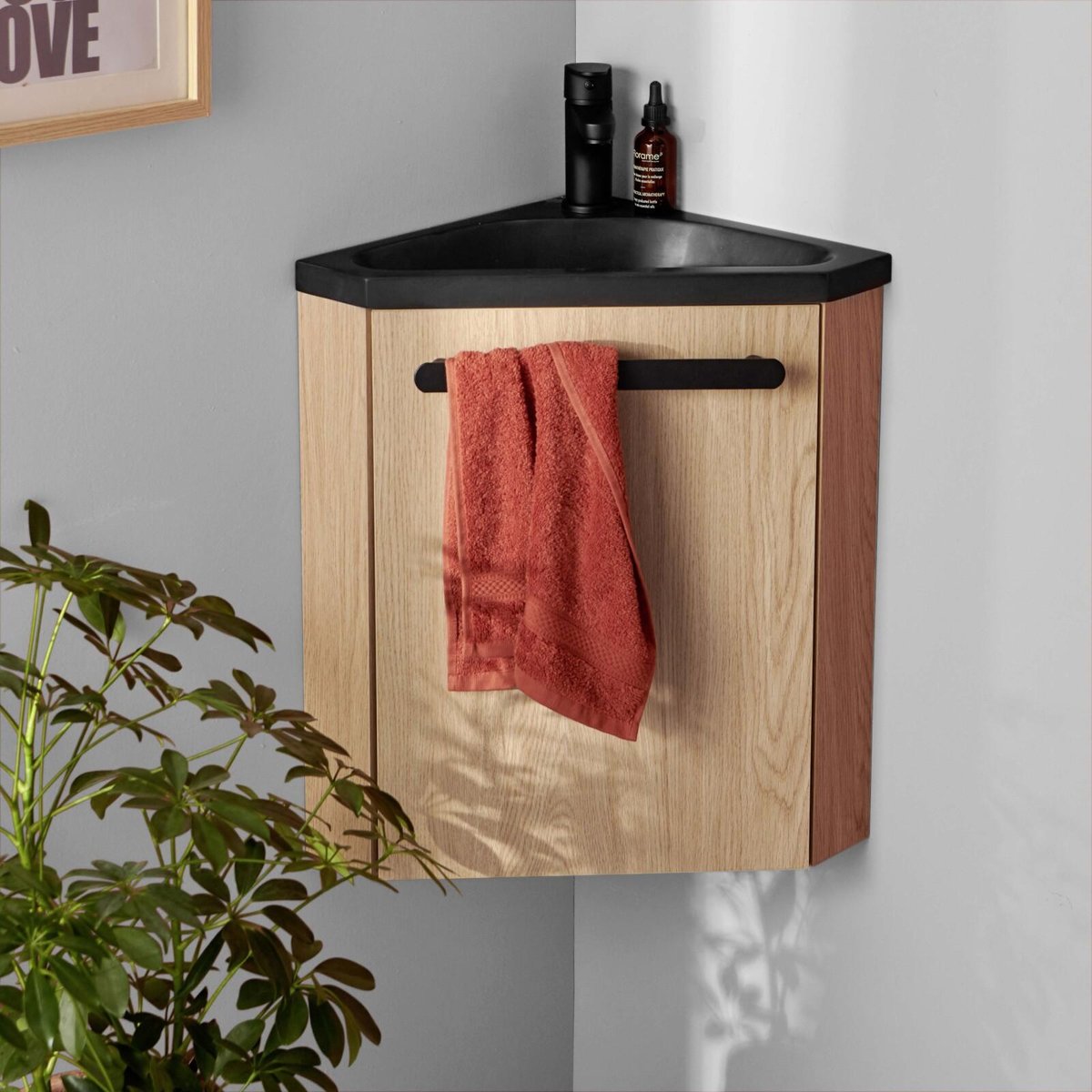 Meuble lave-mains d'angle suspendu SKINO décor chêne (vasque noire), MOB IN