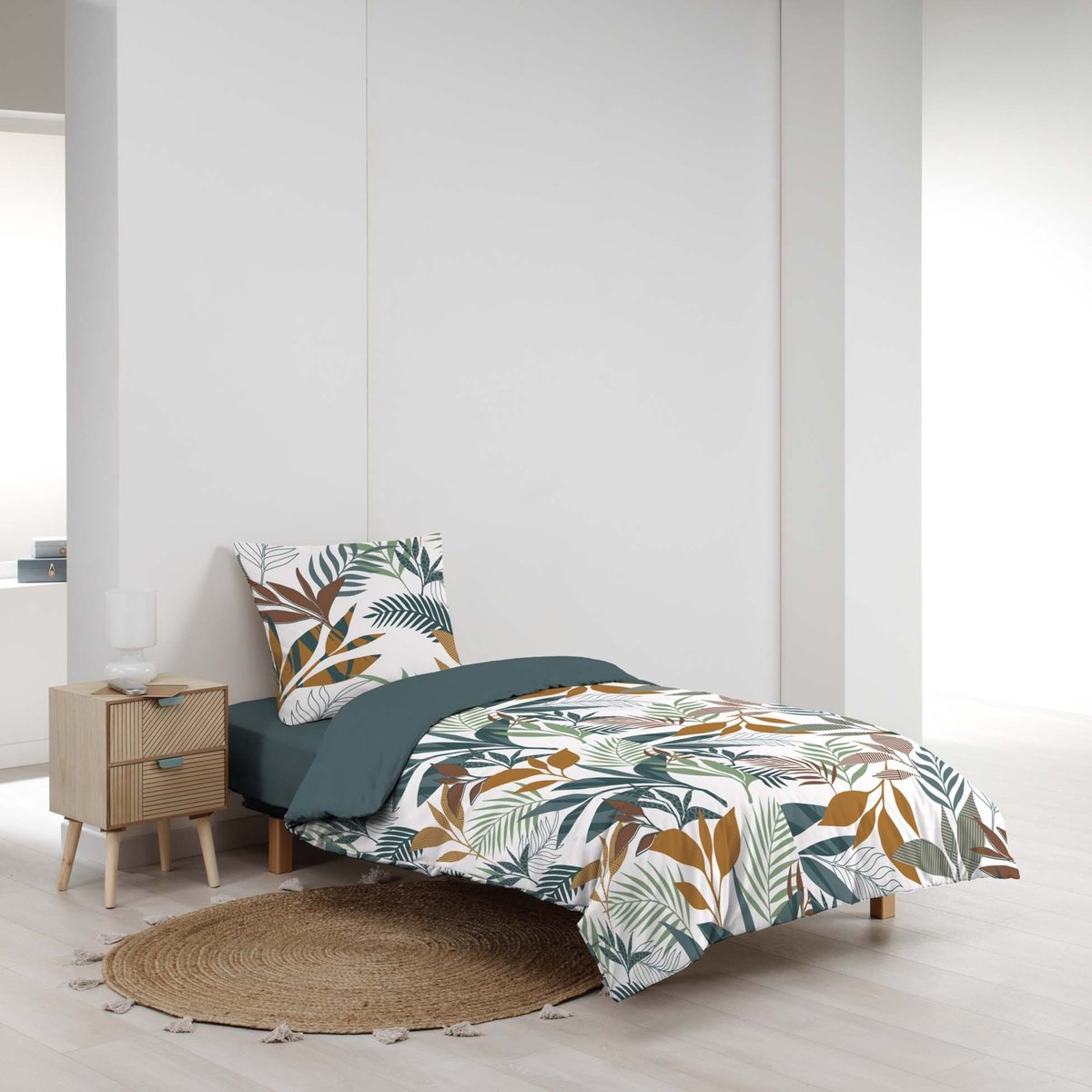 Parure de lit 2 pièces 100% coton à motifs végétaux housse + taie bleu, DOUCEUR D'INTÉRIEUR