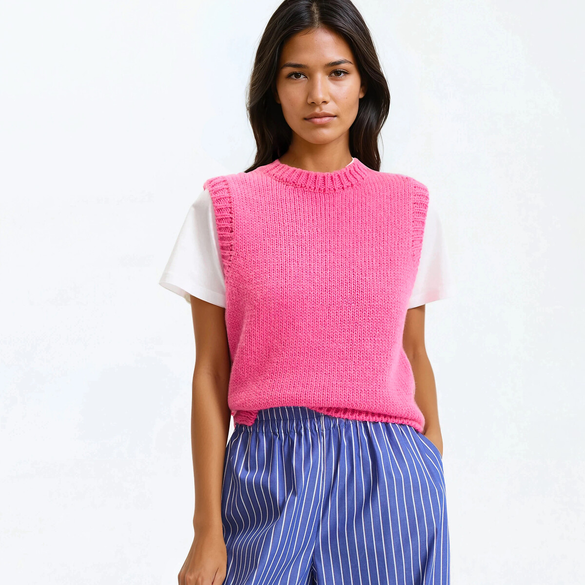 Pull sans manches, col rond rose, LA REDOUTE COLLECTIONS
