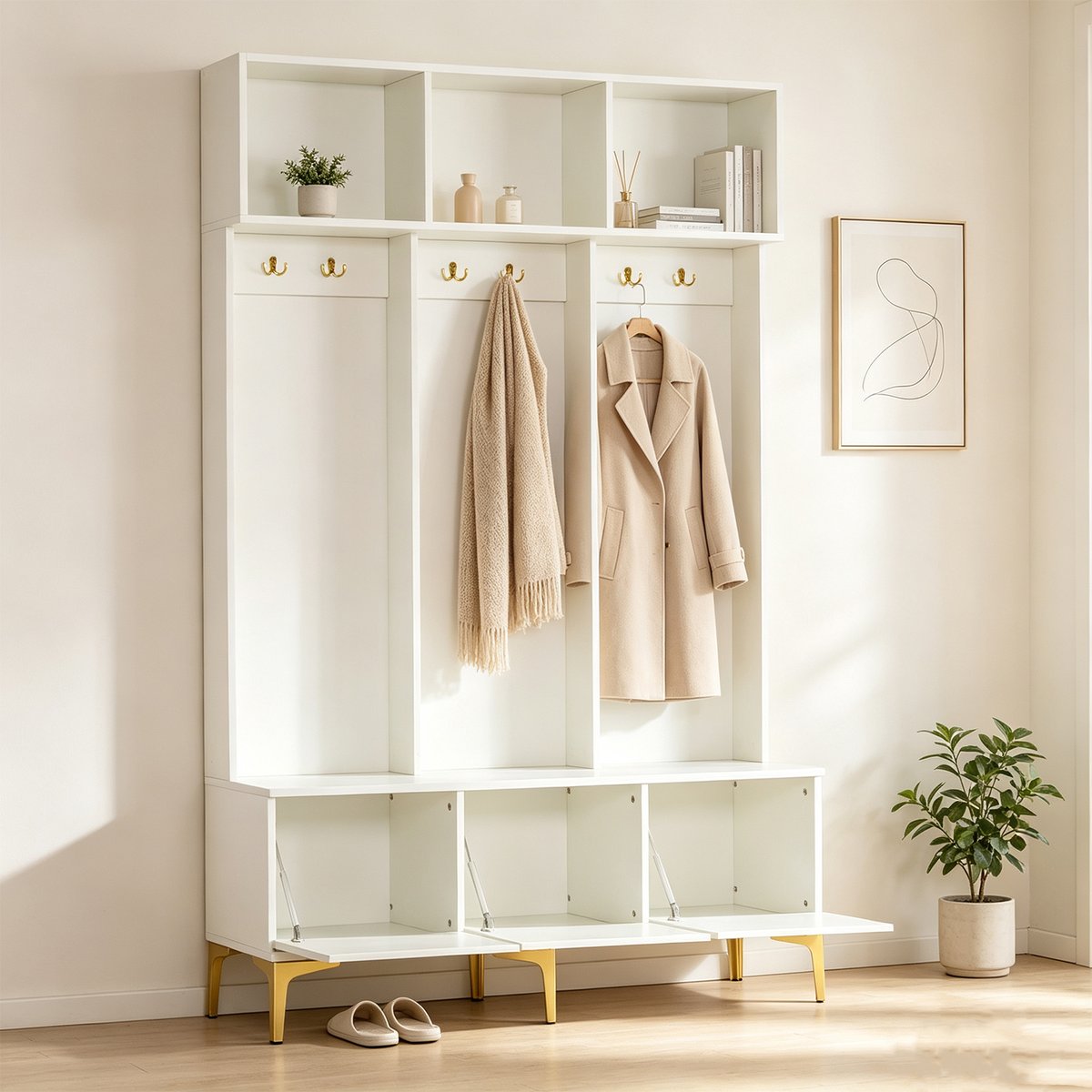 Vestiaire d'entrée avec banc et rangement, PORTER-C blanc, MEUBLES COSY