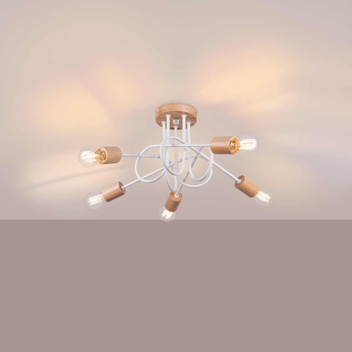Lustre Acier Blanc/Bois Naturel E27 5 Ember blanc, EDEN