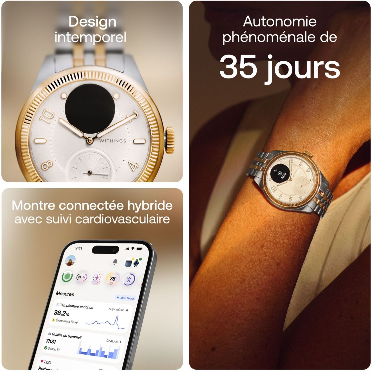 Montre santé Scanwatch Nova Brilliant 39mm Gold couleur unique, WITHINGS
