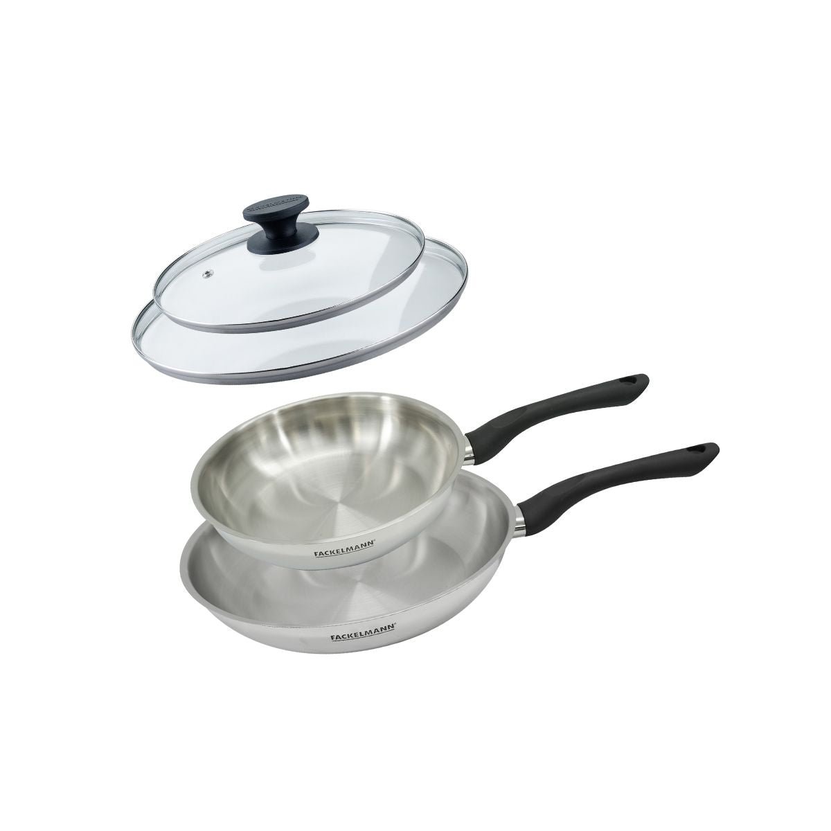 Set 2 poêles 24 et 28 cm en inox et couvercles verre GENEVA inox|noir, FACKELMANN