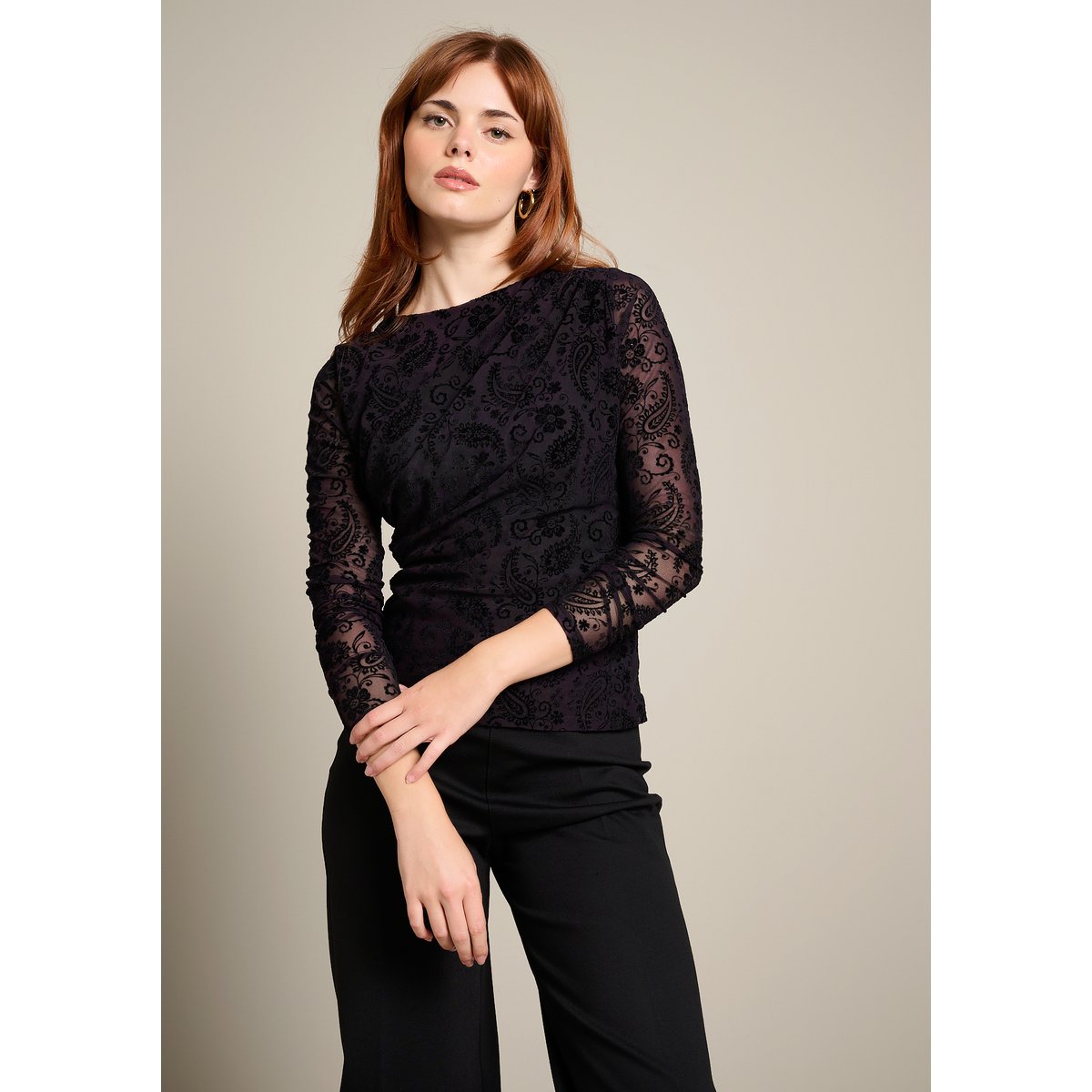 Top en résille motif cachemire noir, LOLALIZA