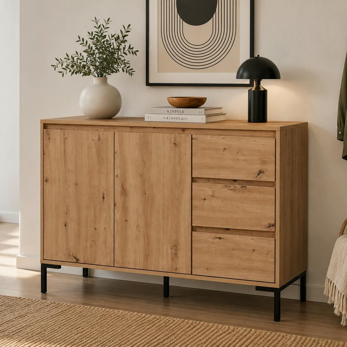 Buffet de salle à manger décor bois 2 portes 3 tiroirs KARVI bois naturel, PIER IMPORT