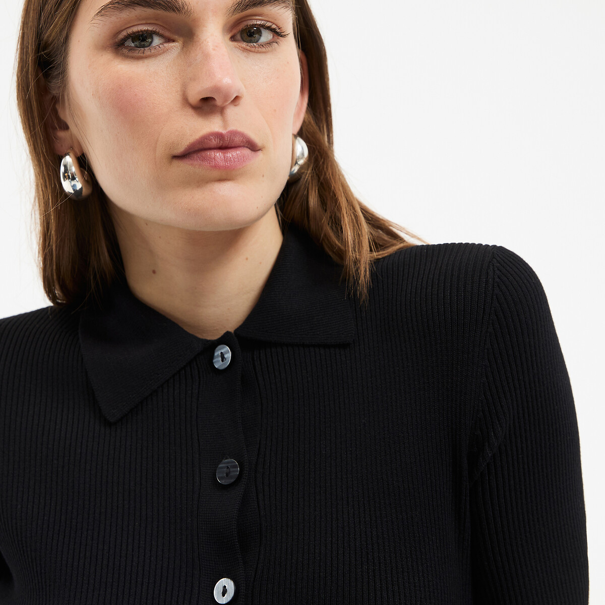 Cardigan com gola polo em malha fina, com botões preto , LA REDOUTE COLLECTIONS