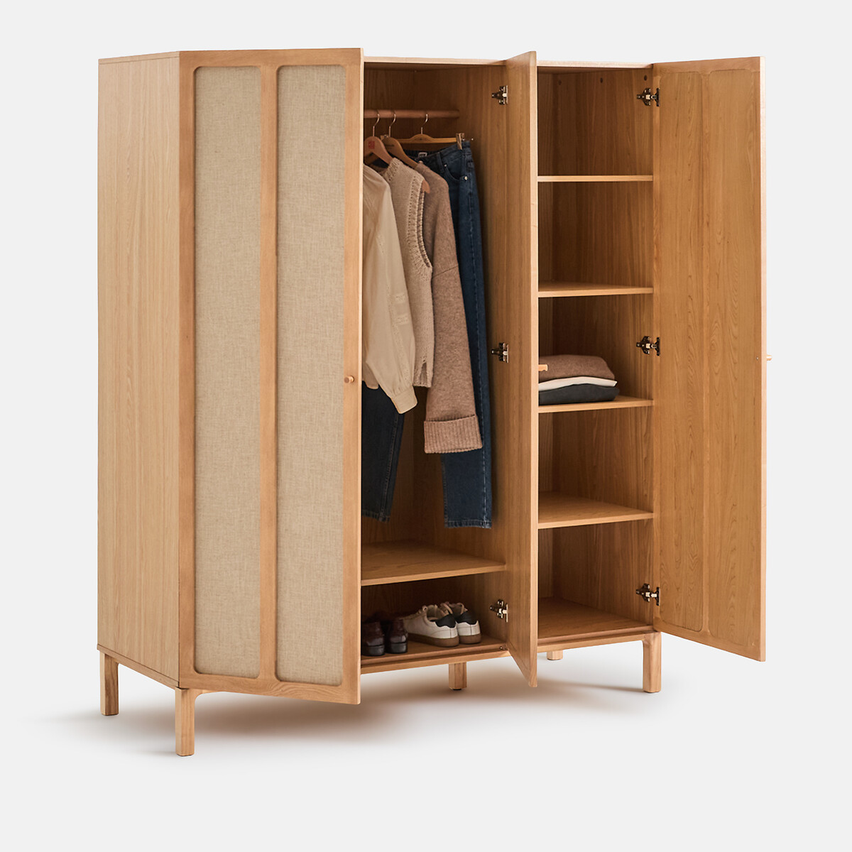 Armoire 3 portes, penderie et lingère, plaqué frêne et tissu lin, ESMARA teinté chêne /lin, LA REDOUTE INTERIEURS