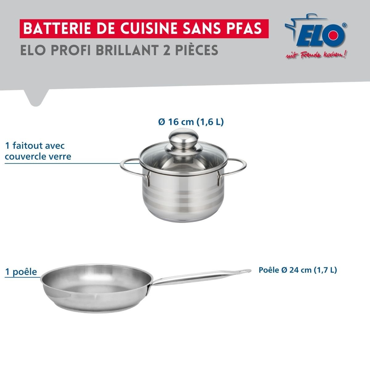 Batterie de cuisine 1 poêle 24cm + 1 faitout 16cm PROFI BRILLANT gris, ELO