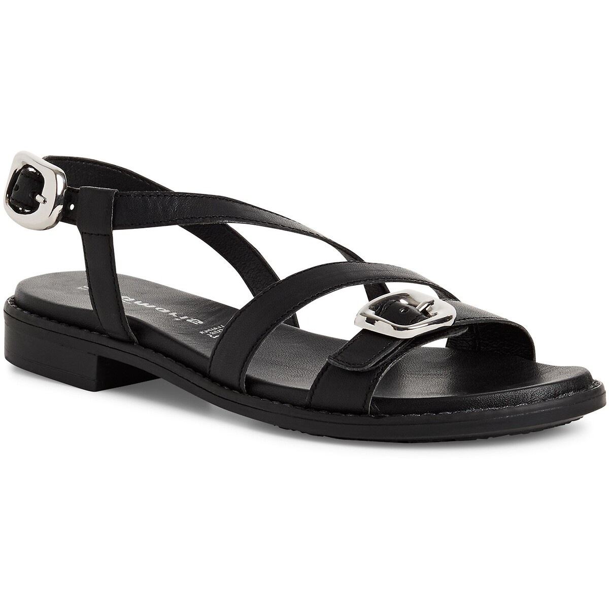 Sandales plates en cuir noir, TAMARIS
