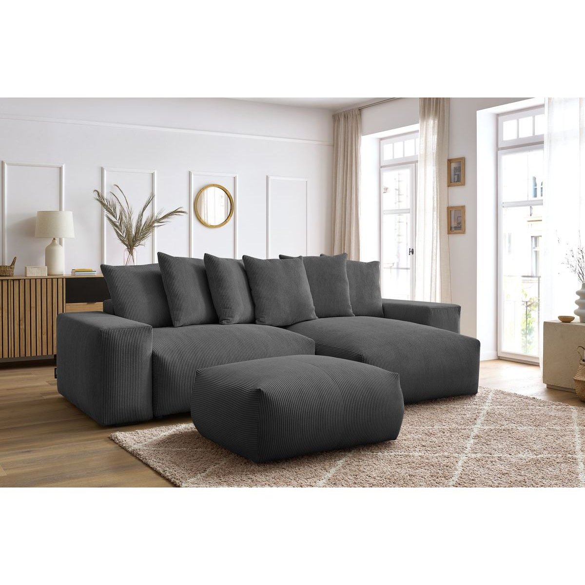 Canapé d'angle convertible 5 places en velours côtelé avec pouf, VOLTAIRE gris foncé, BOBOCHIC
