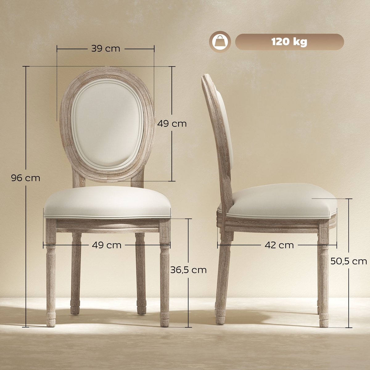 Chaise de salle à manger Bois de caoutchouc beige, bois clair, HOMCOM