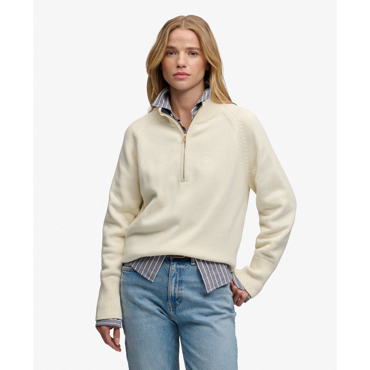 Pull Classic Cotton Knit Half Zip Coupe Décontractée écru, SUPERDRY