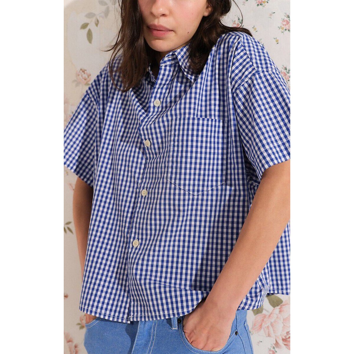 Camicia ampia a quadretti a maniche corte, EKIROW vichy blu, AMERICAN VINTAGE