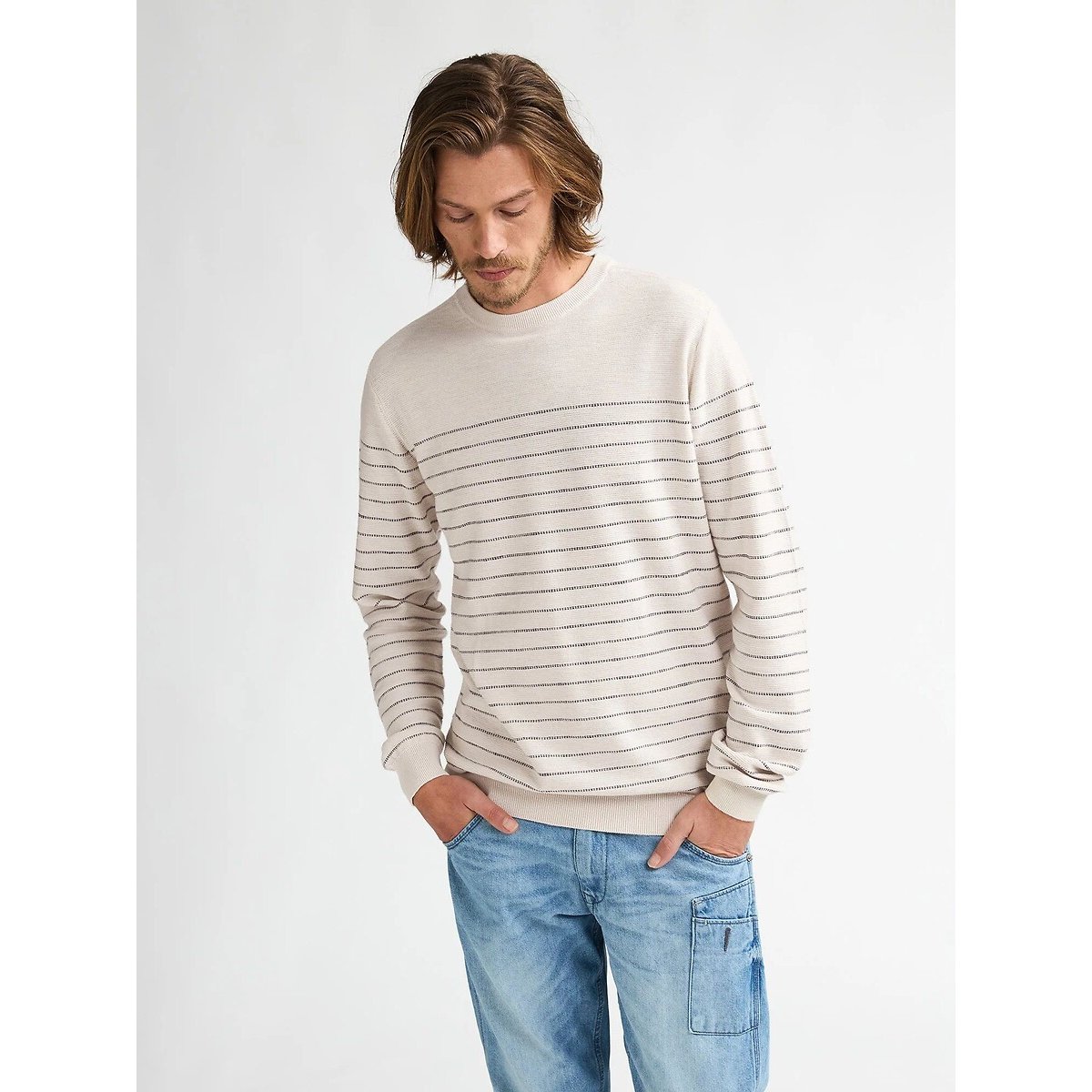 Pull en fine maille col rond ecru/marine, PETROL INDUSTRIES